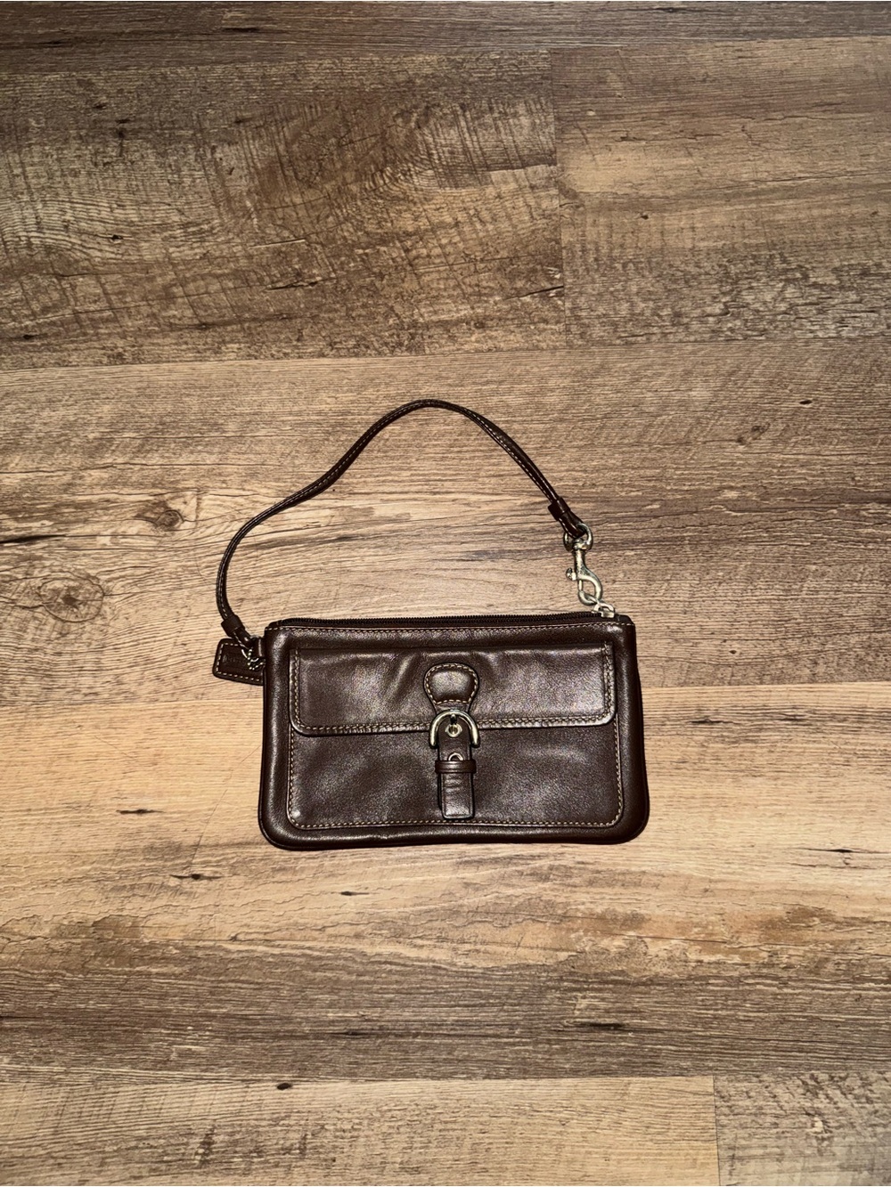 Coach Brown Leather Clutch Wristlet with Buckle Detail